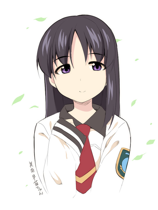 1girl bangs black_hair closed_mouth cropped_torso eyebrows_visible_through_hair green_green hand_up long_hair long_sleeves minami_sanae parted_bangs red_neckwear school_uniform shirt sleeves_past_wrists smile solo translated upper_body ushi violet_eyes white_background white_shirt