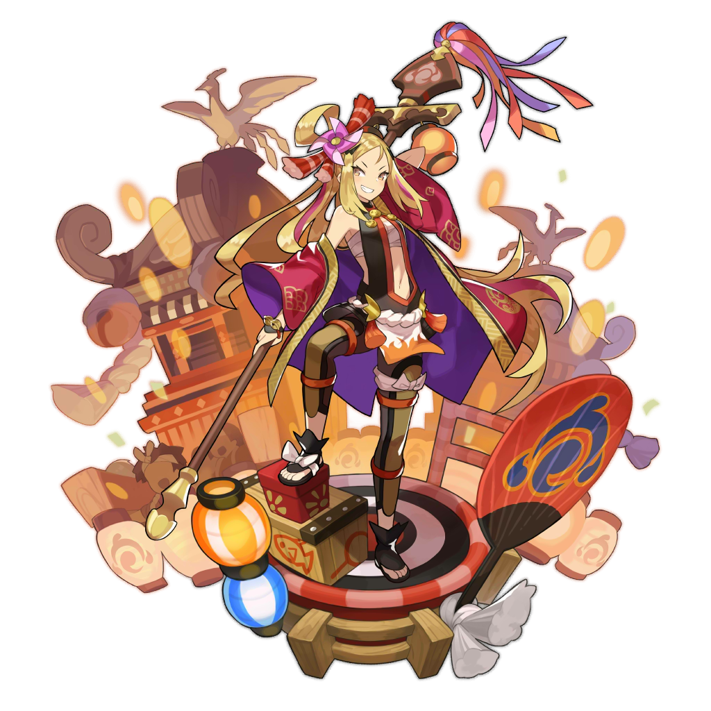 1girl 2others dragalia_lost full_body furrowed_eyebrows holding japanese_clothes multiple_others natalie_(dragalia_lost) navel_cutout non-web_source official_art parted_lips pole saitou_naoki sarashi smile smug solo transparent_background