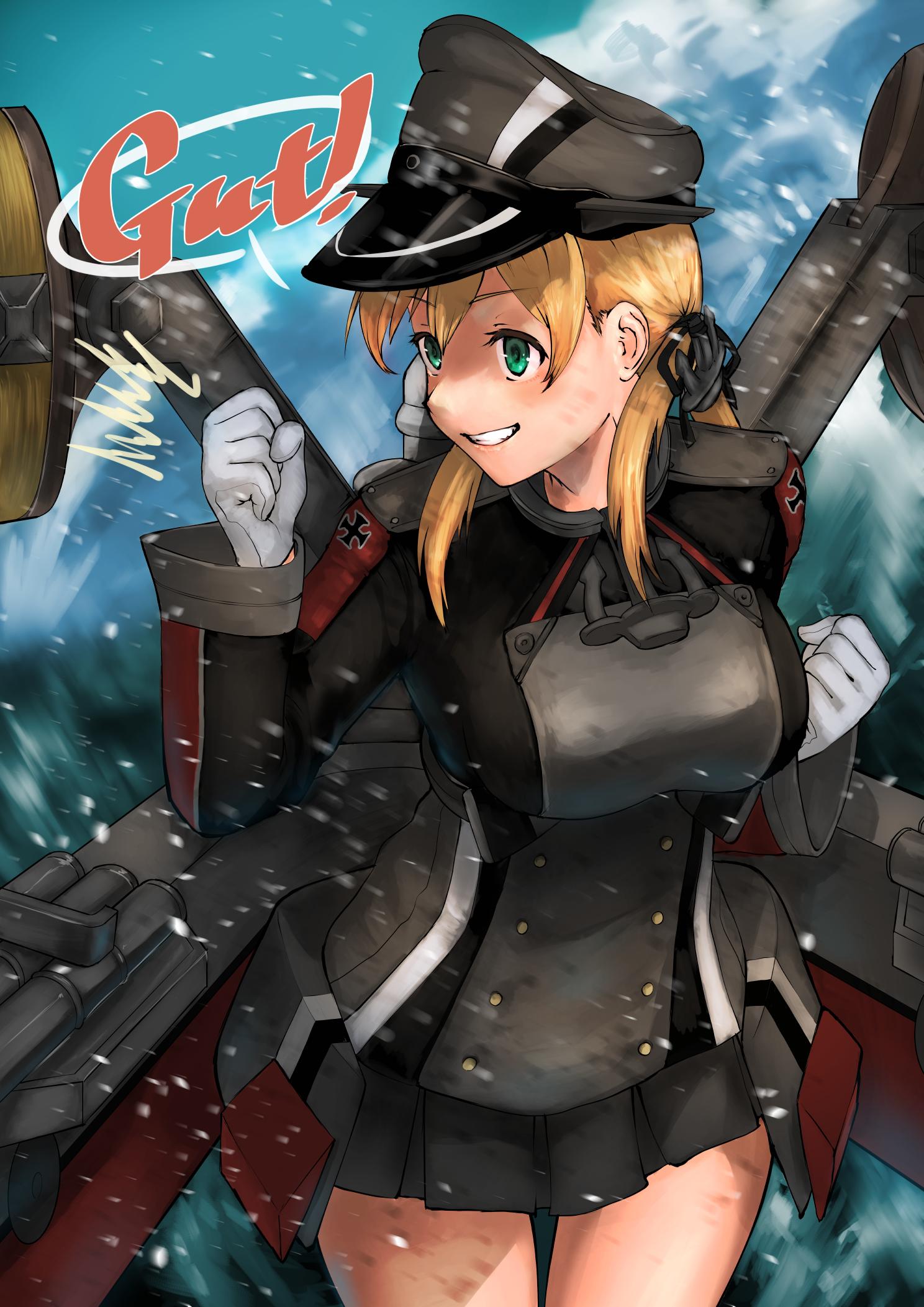 1girl anchor anchor_hair_ornament bangs blonde_hair blush breasts clenched_hands day eyebrows_visible_through_hair german_text gloves green_eyes grin hair_ornament hair_ribbon hat highres iron_cross kantai_collection long_hair long_sleeves military military_hat military_uniform mrdotd outdoors peaked_cap pleated_skirt prinz_eugen_(kantai_collection) ribbon rigging skirt smile solo twintails uniform water white_gloves