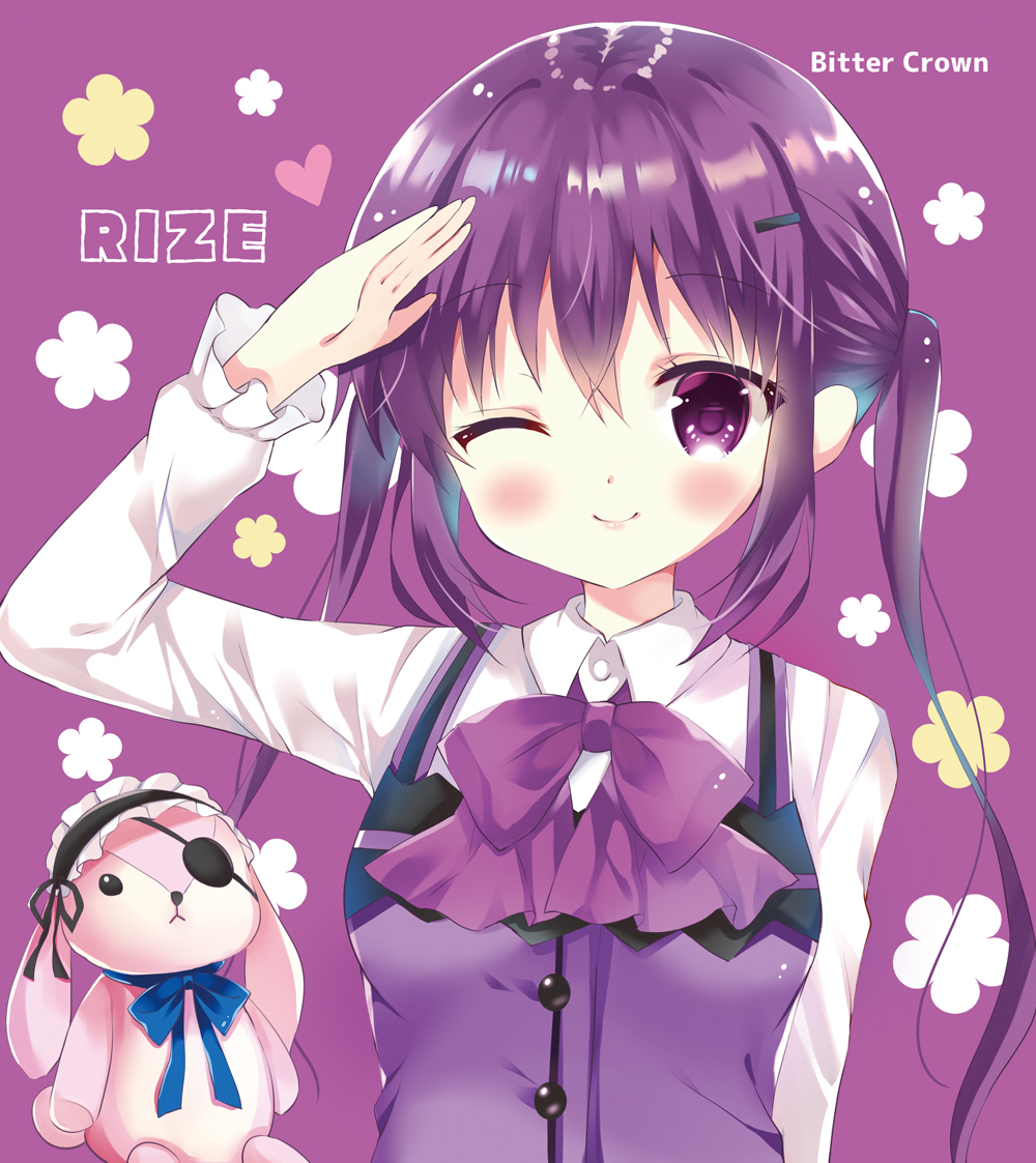 1girl ;) arm_up artist_name bangs bitter_crown black_hairband blush bow breasts character_request closed_mouth collared_shirt commentary_request eyebrows_visible_through_hair eyepatch floral_background frilled_hairband frills gochuumon_wa_usagi_desu_ka? hair_between_eyes hair_ornament hairband hairclip long_hair long_sleeves medium_breasts one_eye_closed pink_vest purple_background purple_bow purple_hair rabbit_house_uniform shirt simple_background smile solo stuffed_animal stuffed_bunny stuffed_toy tedeza_rize twintails uniform upper_body vest violet_eyes waitress white_shirt