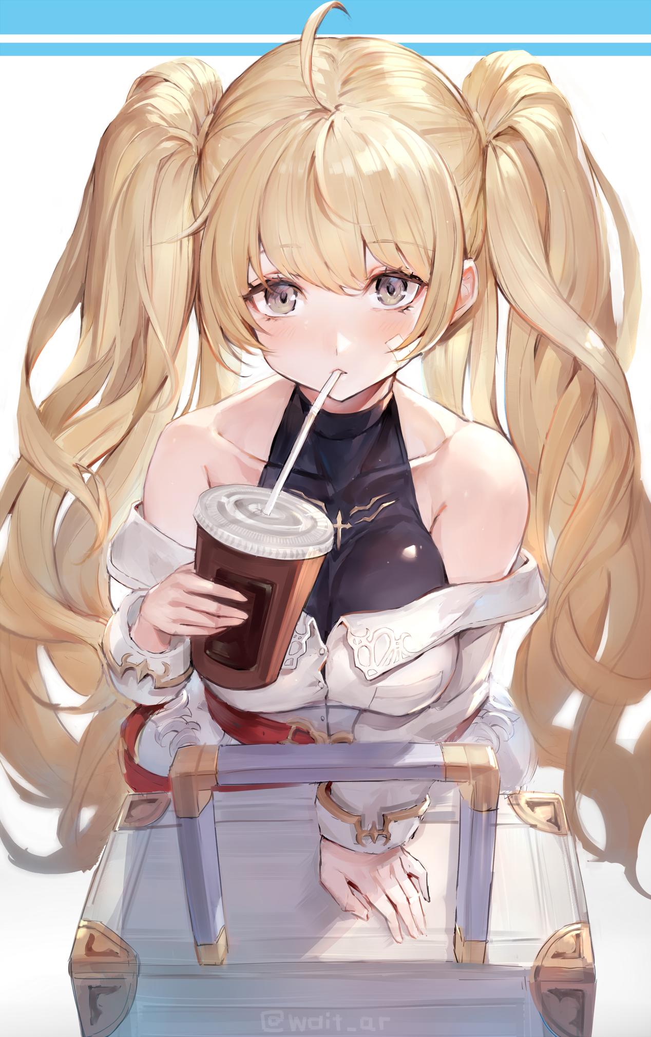 1girl ahoge backlighting bandaid_on_cheek bangs bare_shoulders belt blonde_hair blush breasts collarbone cup disposable_cup drinking drinking_straw granblue_fantasy grey_eyes halterneck highres large_breasts long_hair long_sleeves looking_at_viewer monica_weisswind off_shoulder oyu_(sijimisizimi) shirt solo twintails twitter_username very_long_hair white_background white_shirt