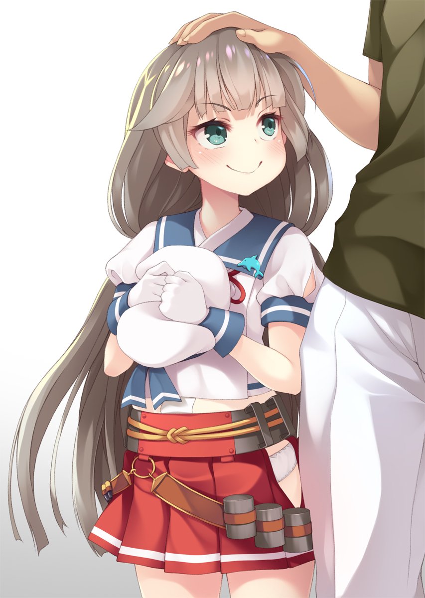 1boy 1girl bangs blue_eyes blunt_bangs blush depth_charge dolphin eyebrows_visible_through_hair gloves hand_on_another's_head hat highres hip_vent kantai_collection light_brown_hair long_hair low_twintails mikura_(kantai_collection) mofu_namako out_of_frame panties pants pleated_skirt red_neckwear red_skirt sailor_collar sailor_hat school_uniform serafuku shirt short_sleeves simple_background skirt smile twintails underwear white_background white_gloves white_headwear white_panties