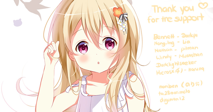 1girl :o arm_up bangs bare_arms bare_shoulders blonde_hair blush character_request commentary deyui dress english_commentary english_text eyebrows_visible_through_hair flower gochuumon_wa_usagi_desu_ka? hair_between_eyes hair_flower hair_ornament long_hair orange_flower parted_lips red_eyes simple_background sleeveless sleeveless_dress solo thank_you upper_body white_background white_dress white_flower