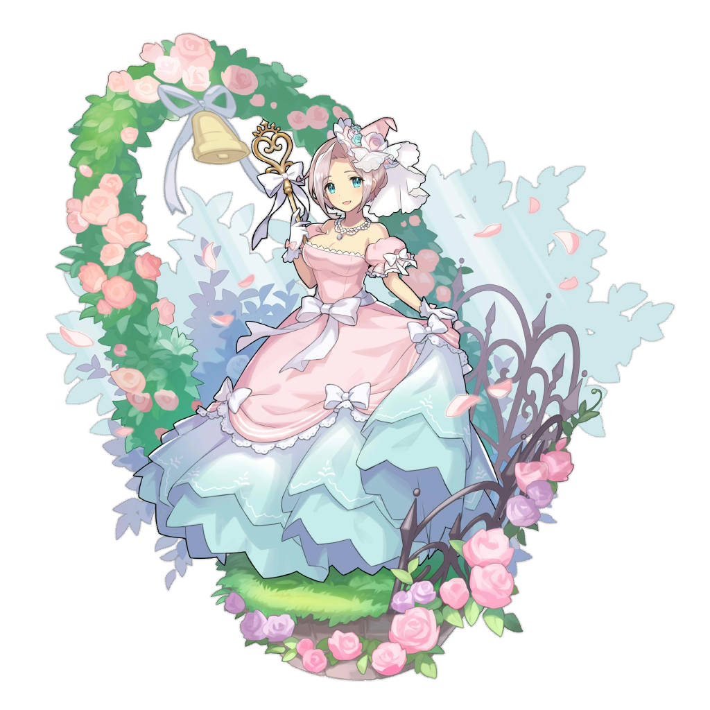 1girl :d blue_eyes bow bride dragalia_lost dress flower full_body garland_(decoration) grass heart holding looking_at_viewer official_art open_mouth ribbon saitou_naoki smile solo transparent_background white_hair xania