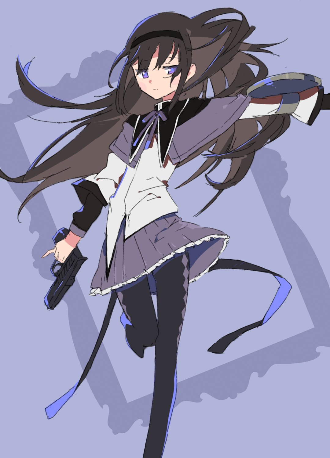 1girl :| akemi_homura argyle argyle_legwear arm_at_side black_hair black_hairband black_legwear capelet closed_mouth commentary_request expressionless floating_hair foot_out_of_frame frame frilled_skirt frills gun hairband half-closed_eyes handgun highres holding holding_gun holding_weapon long_hair long_sleeves looking_away mahou_shoujo_madoka_magica outstretched_arm pantyhose pistol pleated_skirt purple_background purple_ribbon purple_skirt ribbon shield shirt simple_background skirt skirt_lift solo standing standing_on_one_leg violet_eyes watanuki_uchiha weapon white_shirt wind wind_lift