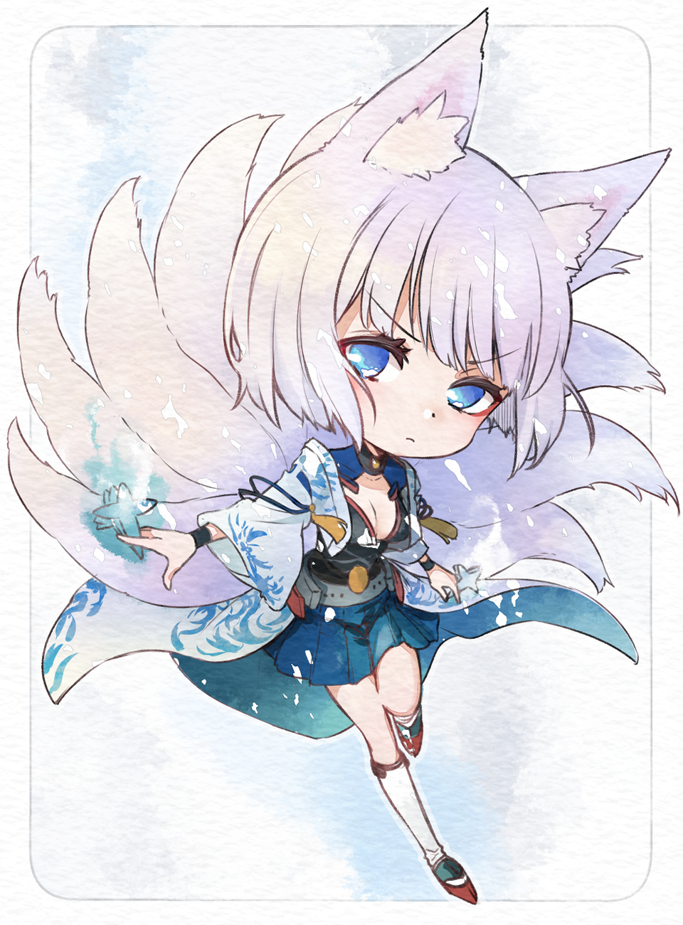 1girl animal_ears azur_lane bangs blue_eyes blunt_bangs chibi cleavage_cutout eyeliner eyeshadow fox_ears fox_girl fox_tail hakama_skirt highres japanese_clothes kaga_(azur_lane) kimono makeup multiple_tails short_hair solo sumi_(kjtd2458) tail white_hair white_kimono