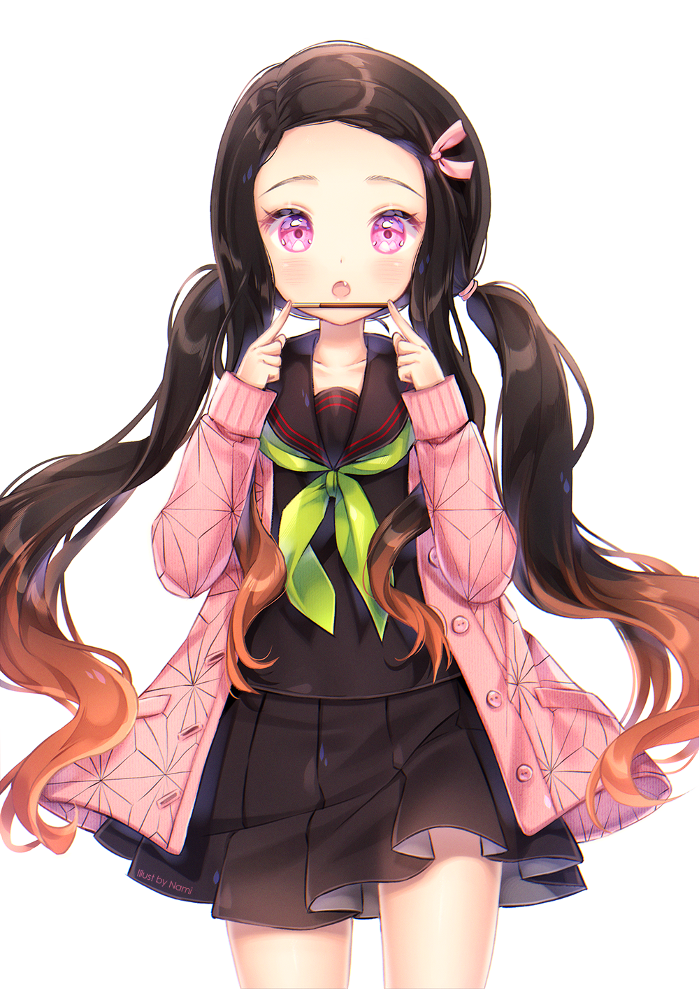 1girl :o alternate_costume alternate_hairstyle artist_name bangs black_hair black_sailor_collar black_serafuku black_shirt black_skirt blush brown_hair cardigan collarbone fang food forehead gradient_hair green_neckwear hair_ribbon hands_up highres holding holding_food kamado_nezuko kimetsu_no_yaiba long_hair long_sleeves looking_at_viewer multicolored_hair natsumii_chan neckerchief open_cardigan open_clothes open_mouth parted_bangs pink_cardigan pink_eyes pink_ribbon pleated_skirt pocky ribbon sailor_collar school_uniform serafuku shirt signature simple_background skirt solo twintails very_long_hair white_background