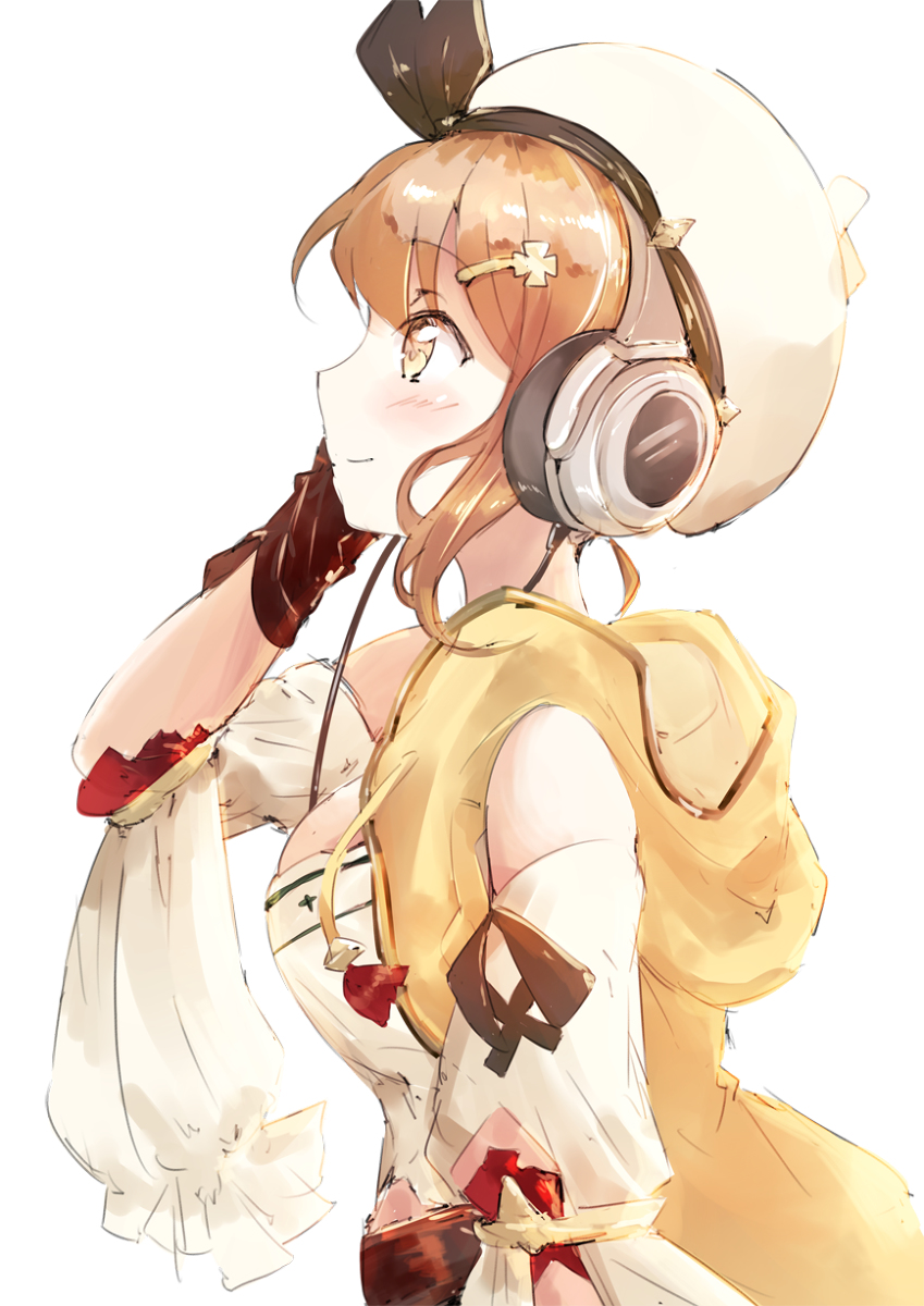1girl artist_request atelier_(series) atelier_ryza breasts brown_eyes brown_hair closed_mouth hair_ornament hairclip hat headphones highres large_breasts reisalin_stout short_hair simple_background smile solo white_background