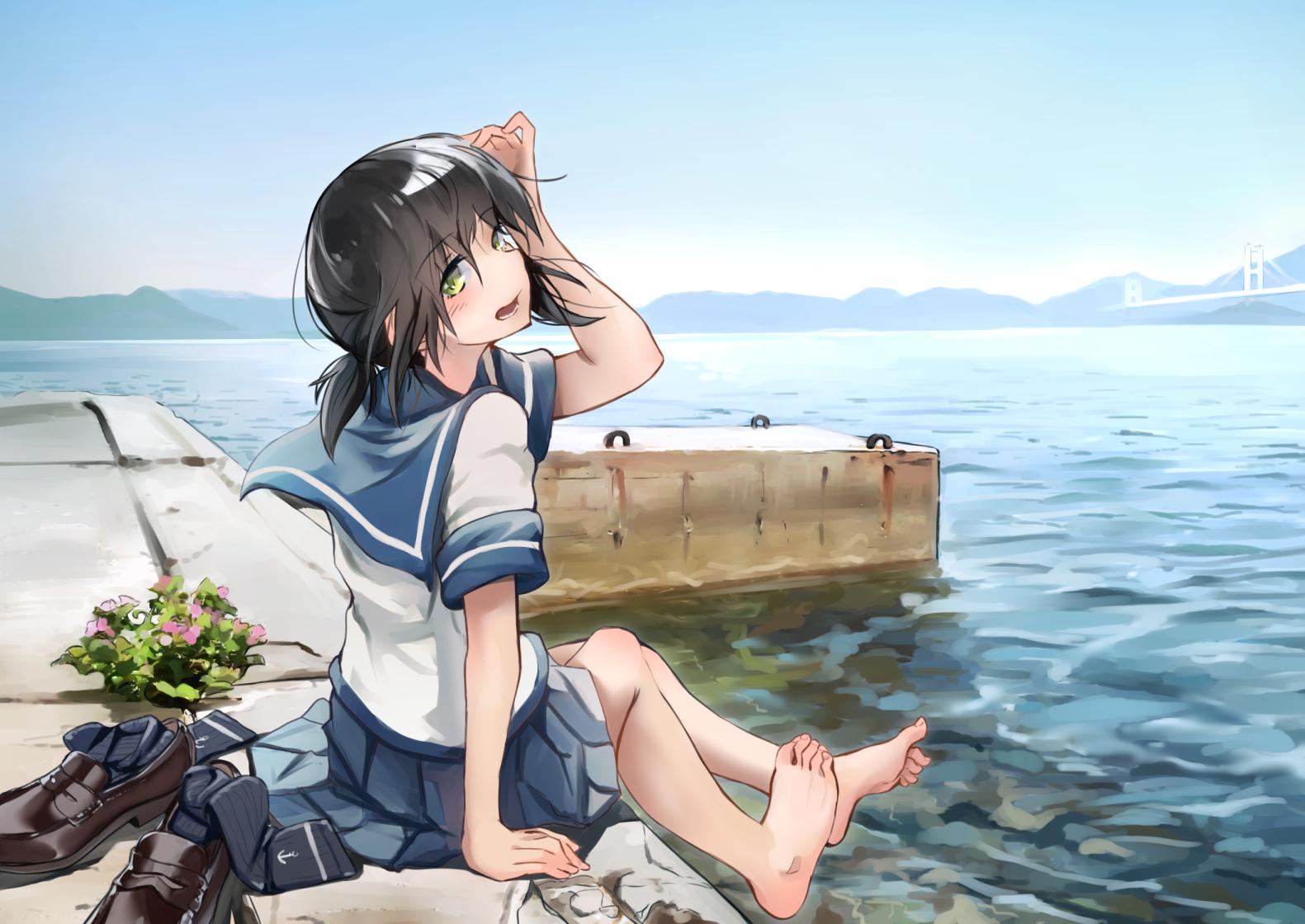 1girl anchor anchor_symbol bangs barefoot black_hair blue_skirt blush bridge day eyebrows_visible_through_hair fubuki_(kantai_collection) green_eyes kabayaki_namazu kantai_collection legwear_removed low_ponytail mountain mountainous_horizon ocean open_mouth outdoors pleated_skirt ponytail sailor_collar school_uniform serafuku shoes_removed short_ponytail short_sleeves sitting skirt sky socks solo water