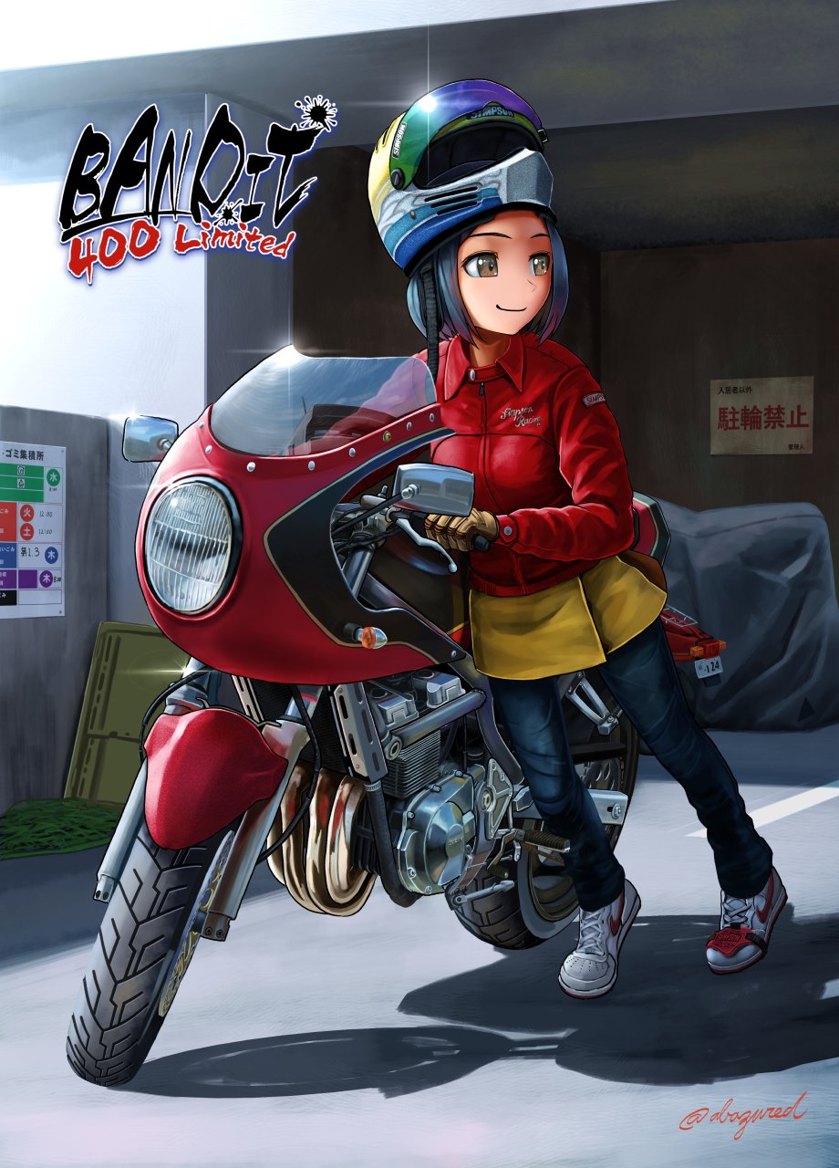 1girl abazu-red black_hair black_pants brown_eyes brown_gloves closed_mouth commentary cross-laced_footwear day english_commentary english_text gloves ground_vehicle hat helmet highres jacket logo motor_vehicle motorcycle motorcycle_helmet multicolored multicolored_clothes multicolored_hat original outdoors pants pants_under_skirt red_jacket shadow shoes short_hair skirt smile sneakers solo sparkle suzuki twitter_username white_footwear yellow_skirt