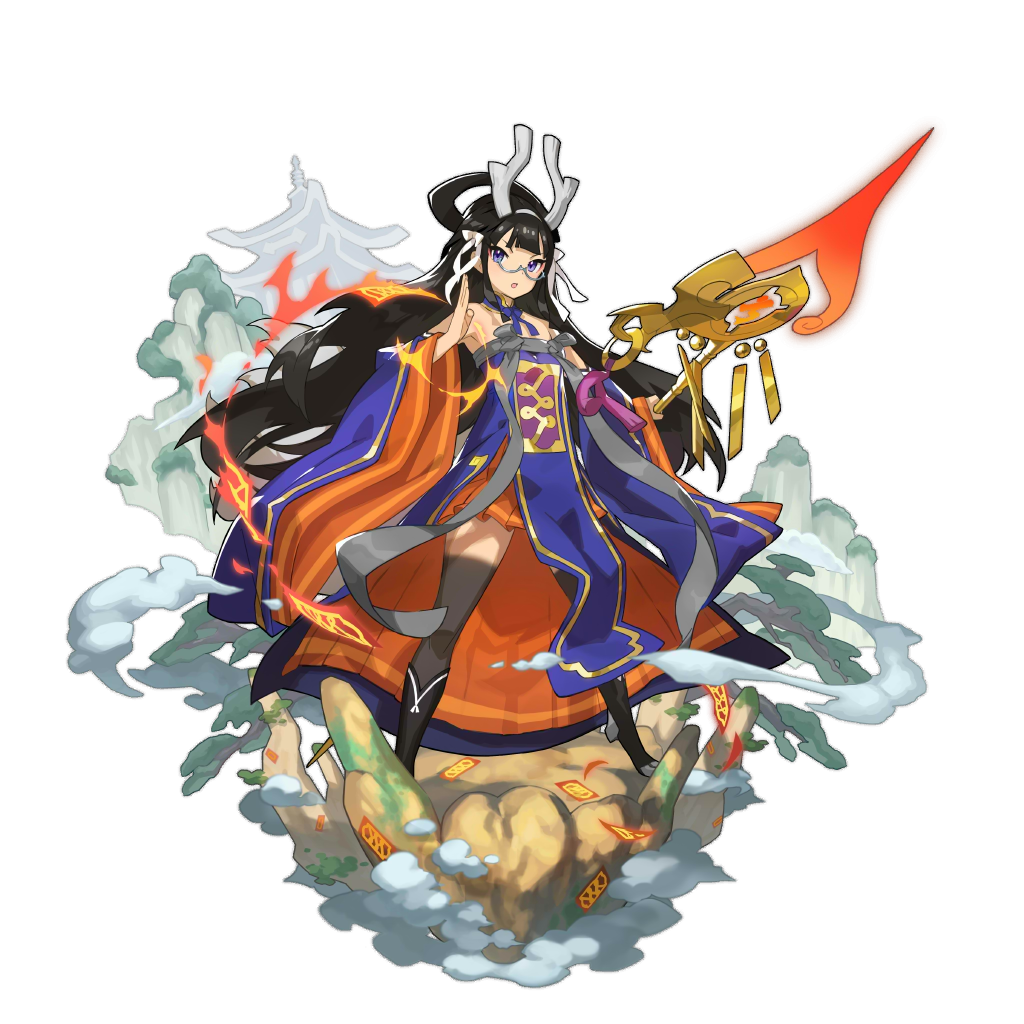 1girl :o black_hair blue-framed_eyewear chinese_clothes detached_sleeves dragalia_lost full_body glasses holding holding_spear holding_weapon long_hair long_sleeves non-web_source official_art open_hand polearm saitou_naoki spear very_long_hair weapon wide_sleeves xuan_zang_(dragalia_lost)