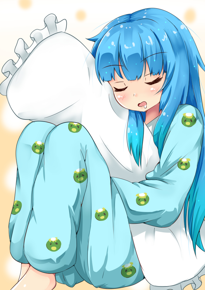 1girl alternate_costume animal_print bangs blue_hair blush body_pillow commentary_request drooling eyebrows_visible_through_hair feet_out_of_frame gradient gradient_background hair_down kappa kawashiro_nitori knees_up long_hair long_sleeves open_mouth orange_background pajamas pillow pillow_hug rururiaru sidelocks sleeping solo touhou very_long_hair white_background