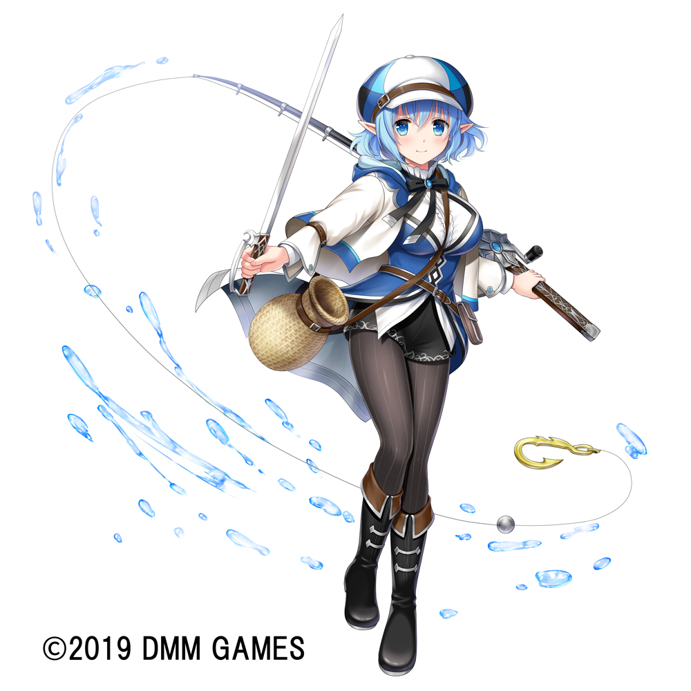 1girl bangs belt belt_buckle between_breasts black_bow black_footwear black_shorts blue_eyes blue_hair blue_headwear blush boots bow breasts brooch brown_belt brown_legwear buckle cabbie_hat character_request closed_mouth commentary_request eyebrows_visible_through_hair fishing_hook fishing_line fishing_rod full_body gemini_seed hagino_kouta hair_between_eyes hat hat_belt holding holding_fishing_rod holding_sword holding_weapon hood hood_down hooded_jacket jacket jewelry knee_boots large_breasts legwear_under_shorts long_sleeves looking_at_viewer official_art open_clothes open_jacket pantyhose pointy_ears shirt short_shorts shorts smile solo standing standing_on_one_leg strap_between_breasts striped striped_legwear sword vertical-striped_legwear vertical_stripes water watermark weapon white_jacket white_shirt