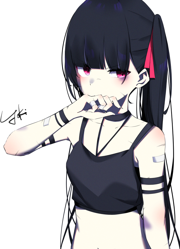 1girl arm_strap bangs bare_shoulders black_hair black_shirt bruise bruised_eye choker covering_mouth crop_top hair_ribbon hand_up ichiki_1 injury long_hair looking_at_viewer midriff original red_eyes red_ribbon ribbon shirt signature simple_background sleeveless sleeveless_shirt solo stomach twintails upper_body v-shaped_eyebrows white_background wristband