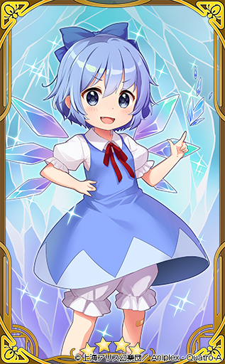 1girl :d bandaid bandaid_on_knee bangs bloomers blue_bow blue_dress blue_eyes blue_hair blush bow card_(medium) cirno collared_shirt commentary_request dress eyebrows_visible_through_hair fang hair_between_eyes hair_bow hand_on_hip ice ice_wings index_finger_raised jigatei_(omijin) neck_ribbon official_art open_mouth puffy_short_sleeves puffy_sleeves red_ribbon ribbon shirt short_hair short_sleeves sleeveless sleeveless_dress smile solo sparkle touhou touhou_cannonball underwear v-shaped_eyebrows watermark white_bloomers white_shirt wings