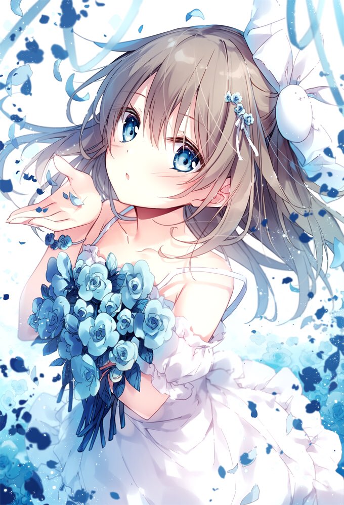 1girl bangs bare_shoulders blue_eyes blue_flower blue_ribbon blush bouquet bow brown_hair bunny_hair_ornament collarbone commentary_request copyright_request dress eyebrows_visible_through_hair fingernails flower frilled_dress frills hair_between_eyes hair_bow hair_flower hair_ornament hand_up long_hair looking_at_viewer mochizuki_shiina object_hug off-shoulder_dress off_shoulder parted_lips petals puffy_short_sleeves puffy_sleeves ribbon short_sleeves solo white_bow white_dress