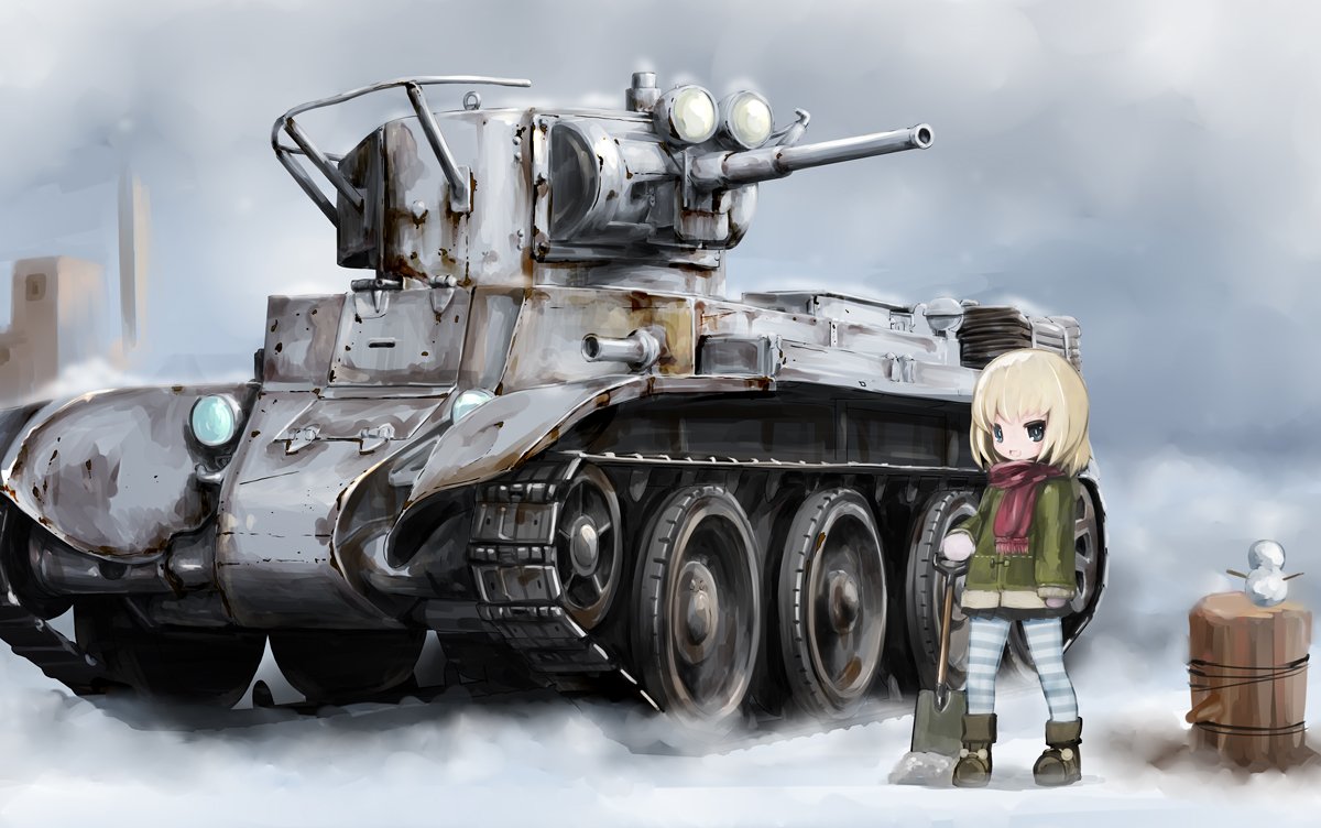 1girl bangs black_footwear black_skirt blonde_hair blue_legwear boots bt-7 girls_und_panzer green_coat grey_mittens ground_vehicle holding_shovel katyusha log long_sleeves military military_vehicle miniskirt mittens motor_vehicle open_mouth outdoors pantyhose pleated_skirt red_scarf scarf shasu_(lastochka) short_hair skirt smile snow snow_shovel snowman solo striped striped_legwear tank