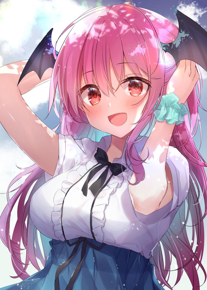 1girl :d alternate_costume arms_up bangs black_bow black_neckwear blue_scrunchie blue_skirt blush bow bowtie breasts center_frills commentary_request demon_wings eyebrows_visible_through_hair hair_between_eyes head_wings high-waist_skirt koakuma large_breasts long_hair looking_at_viewer natsuki_(ukiwakudasai) open_mouth pink_hair red_eyes scrunchie shirt short_sleeves skirt smile solo touhou upper_body white_shirt wings wrist_scrunchie