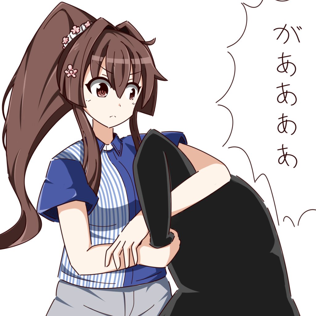 1girl 1other blue_shirt brown_hair cherry_blossoms commentary_request cowboy_shot employee_uniform feiton flower grey_pants hair_flower hair_ornament holding kantai_collection lawson long_hair pants ponytail shirt simple_background striped striped_shirt uniform white_background yamato_(kantai_collection)