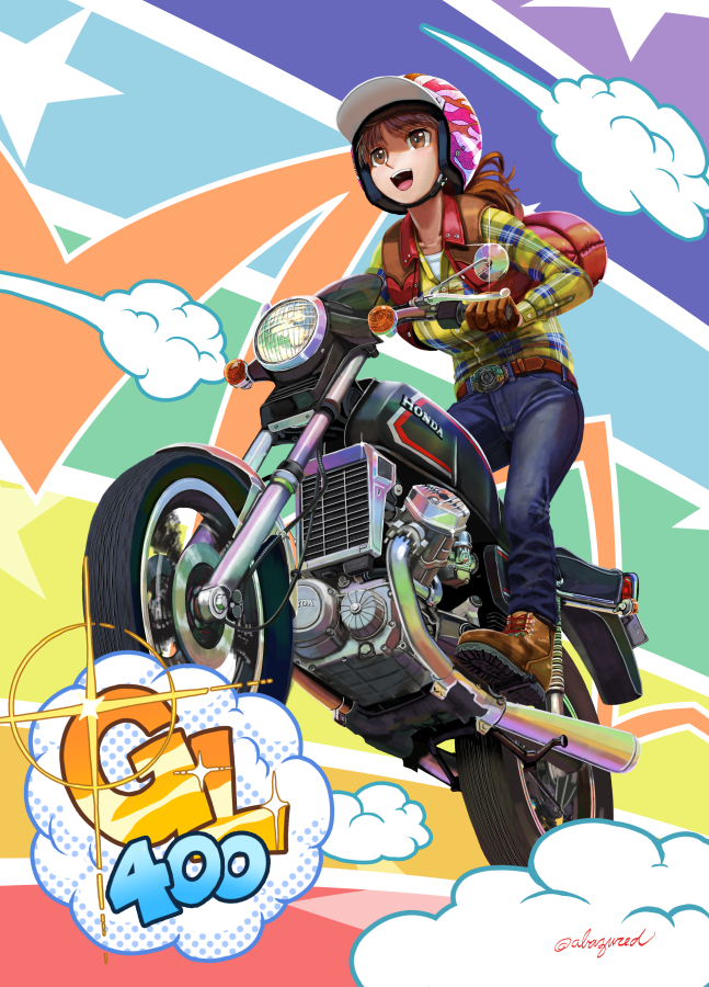 1girl :d abazu-red ankle_boots bangs belt blue_pants boots brown_belt brown_footwear brown_gloves brown_hair commentary denim diffraction_spikes english_commentary gloves ground_vehicle helmet honda jacket jeans logo long_hair long_sleeves motor_vehicle motorcycle motorcycle_helmet multicolored multicolored_background multicolored_shirt open_clothes open_jacket open_mouth original pants plaid plaid_shirt ponytail red_headwear red_jacket riding shirt sleeveless sleeveless_jacket smile solo twitter_username