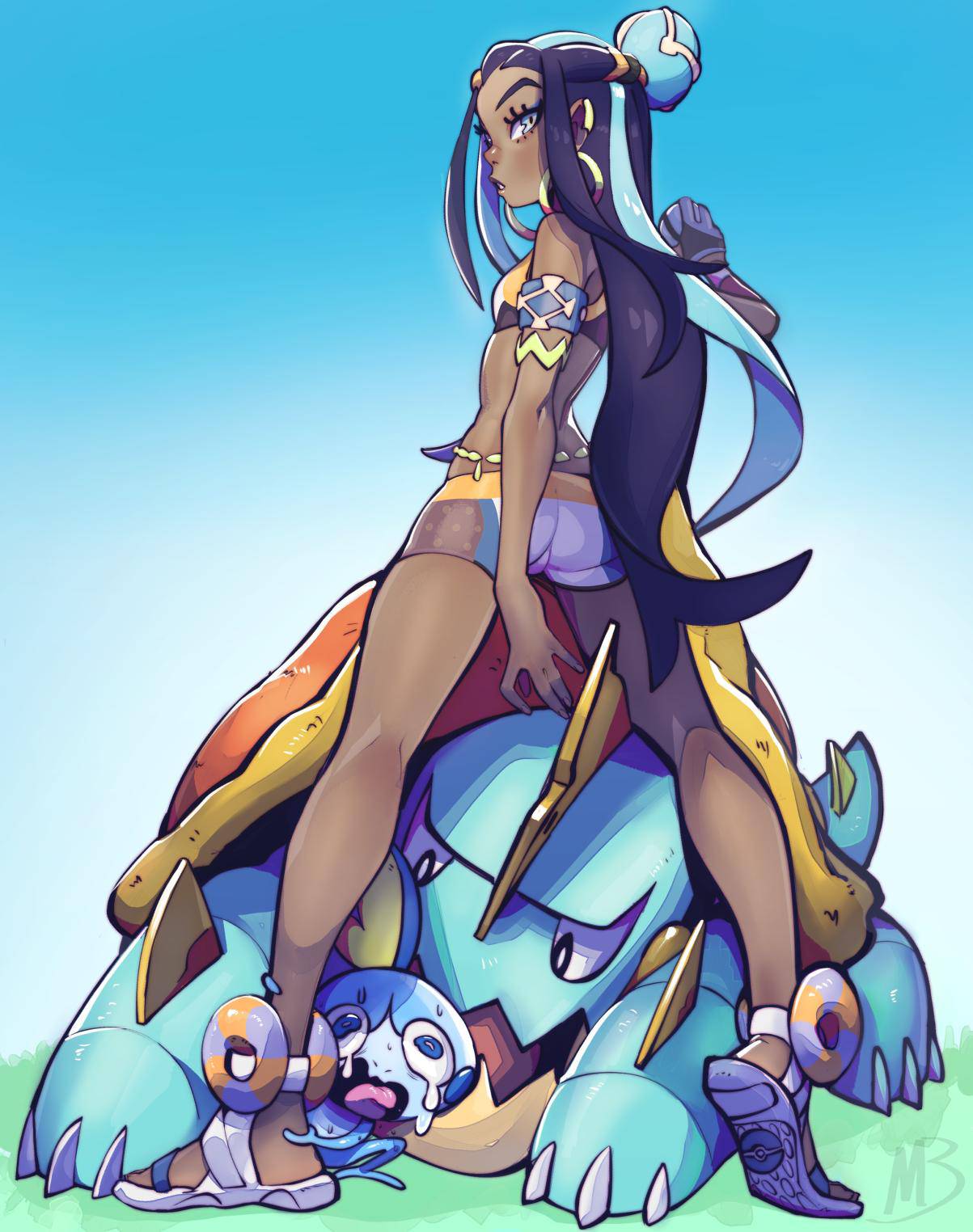 1girl aqua_hair armband armlet ass belly_chain black_hair blue_background blue_eyes breasts commentary dark_skin drednaw english_commentary eyeliner eyeshadow eymbee flat_ass forehead from_behind full_body gradient gradient_background gym_leader hair_bun highres holding holding_poke_ball jewelry kneepits lips long_legs looking_back makeup multicolored_hair nose plantar_flexion poke_ball pokemon pokemon_(creature) pokemon_(game) pokemon_swsh rurina_(pokemon) sandals shorts small_breasts sobble streaked_hair swimsuit tankini