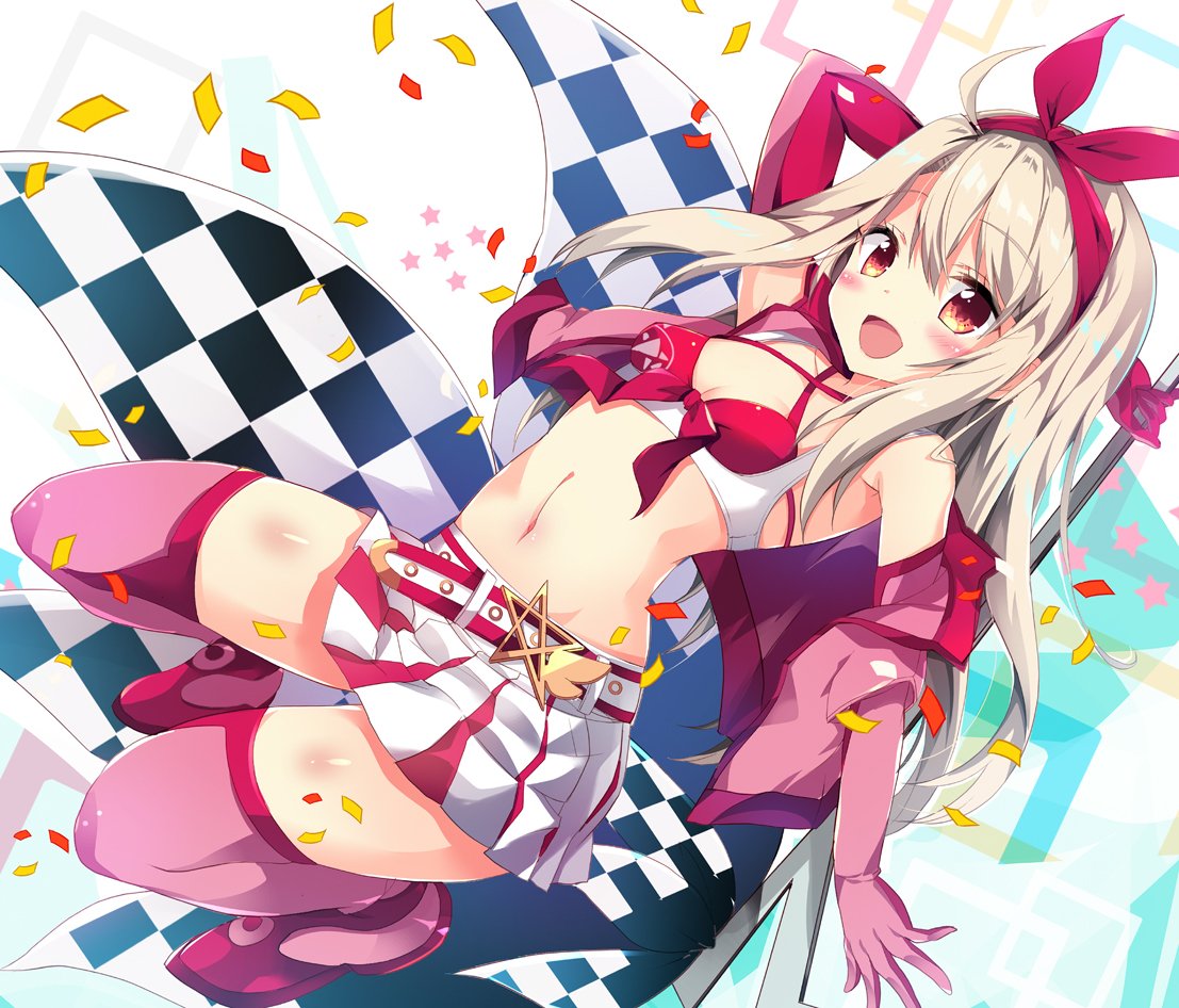 1girl :d alternate_costume bangs bare_shoulders belt blush boots breasts checkered checkered_flag collarbone criss-cross_halter elbow_gloves eyebrows_visible_through_hair fate/kaleid_liner_prisma_illya fate_(series) flag front-tie_top full_body gloves hair_between_eyes hair_ribbon hairband halterneck high_heel_boots high_heels holding illyasviel_von_einzbern long_hair looking_at_viewer maruchan. miniskirt navel off_shoulder open_mouth pentagram pink_bikini_top pink_footwear pink_gloves prisma_illya racequeen red_eyes red_hairband red_ribbon ribbon simple_background skirt small_breasts smile solo star stomach tareme thigh-highs thigh_boots very_long_hair white_skirt