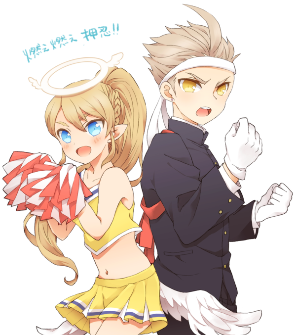 1boy 1girl alvin_granford angel angel_wings blonde_hair blue_eyes blush cheerleader crop_top crop_top_overhang gakuran gloves halo headband light_brown_hair liliana_hart low_wings midriff open_mouth panunpa pleated_skirt pom_poms pop-up_story school_uniform shirt skirt sleeveless sleeveless_shirt smile spiky_hair white_gloves wings yellow_eyes