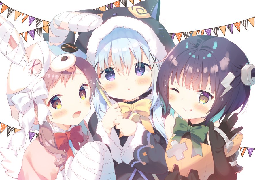 3girls :d :o ;q akane_mimi akane_mimi_(cosplay) animal_ears animal_hat animal_hood bandaged_ear bandaged_hands bandages bangs bell black_capelet black_gloves black_hair black_jacket blue_hair blush bolt bow brown_eyes brown_hair bunny_hat capelet cat_ears cat_hood chimame-tai closed_mouth commentary_request cosplay earmuffs elbow_gloves eyebrows_visible_through_hair fake_animal_ears fur-trimmed_capelet fur-trimmed_hood fur-trimmed_sleeves fur_trim gloves gochuumon_wa_usagi_desu_ka? green_bow hair_between_eyes hair_ornament hands_up hat hikawa_kyoka hikawa_kyoka_(cosplay) hodaka_misogi hodaka_misogi_(cosplay) hood hooded_capelet jacket jingle_bell jouga_maya kafuu_chino lightning_bolt lightning_bolt_hair_ornament long_hair long_sleeves looking_at_viewer low_twintails multiple_girls natsu_megumi one_eye_closed open_mouth parted_lips pennant pink_capelet princess_connect! princess_connect!_re:dive red_bow simple_background smile string_of_flags tongue tongue_out twintails violet_eyes white_background wide_sleeves x_hair_ornament yellow_bow yuizaki_kazuya