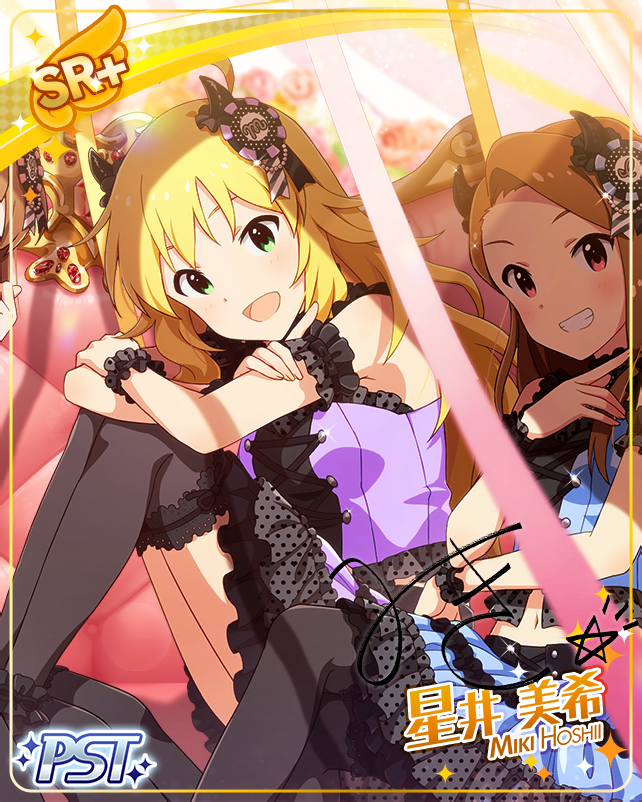 blonde_hair blush character_name dress green_eyes hoshii_miki idolmaster_million_live!_theater_days long_hair minase_iori smile