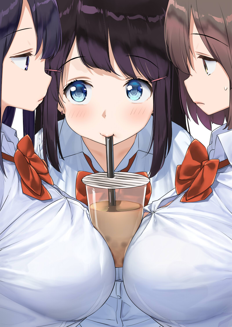 3girls bangs black_hair blue_eyes blush bow bowtie breasts brown_hair bubble_tea bubble_tea_challenge cheating_(competitive) collared_shirt cup disposable_cup drink drinking drinking_straw earrings eyebrows_visible_through_hair grey_eyes hair_between_eyes hair_ornament hairclip jewelry kaisen_chuui large_breasts long_hair looking_at_viewer multiple_girls object_on_breast original purple_hair red_neckwear school_uniform shirt short_hair sidelocks simple_background sweatdrop white_background