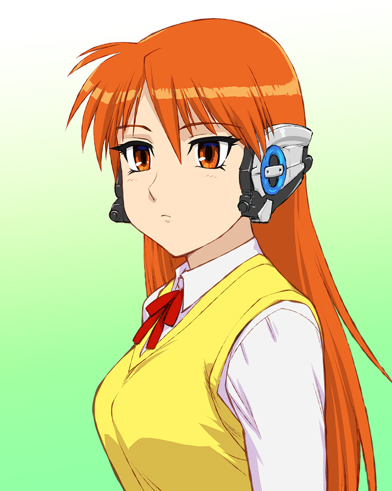 1girl android blush crossover humagear_headphones kamen_rider kamen_rider_01_(series) long_hair long_sleeves look-alike orange_eyes orange_hair robot_ears school_uniform serio solo to_heart ueyama_michirou