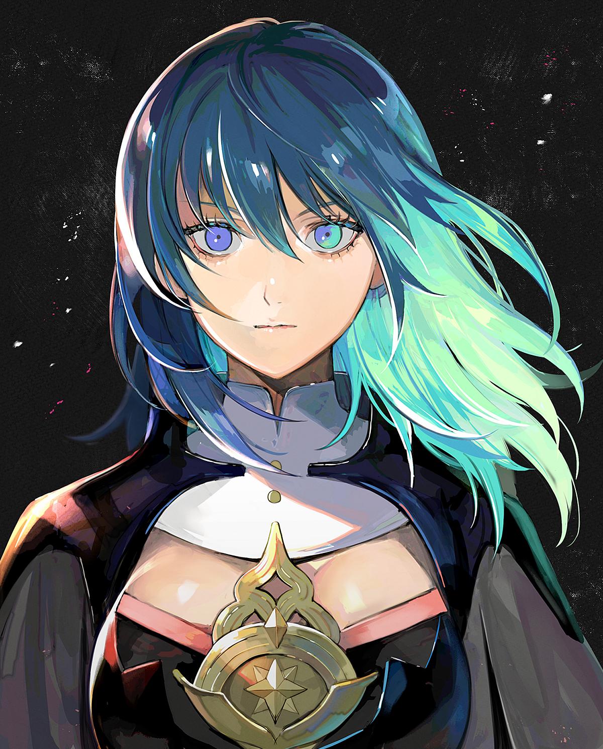 1girl black_background blue_eyes byleth_(fire_emblem) byleth_eisner_(female) cape cleavage_cutout closed_mouth commentary_request detached_collar face fire_emblem fire_emblem:_three_houses garreg_mach_monastery_uniform green_hair hair_between_eyes highres kyufe long_hair looking_at_viewer