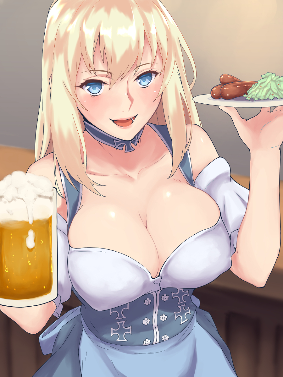 1girl alcohol alternate_costume apron barmaid beer beer_mug bismarck_(kantai_collection) blonde_hair blue_apron blue_eyes bodice breasts choker collarbone commentary_request cup detached_sleeves dirndl foam food german_clothes hands_up highres holding holding_cup holding_plate iron_cross kantai_collection large_breasts long_hair looking_at_viewer plate sausage shingyo smile solo traditional_clothes underbust upper_body waist_apron