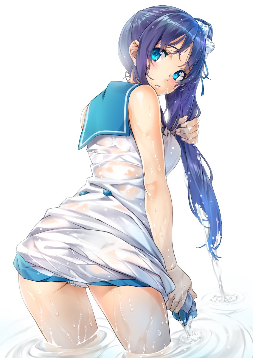 1girl blue_sailor_collar bow breasts character_request copyright_request cowboy_shot dripping from_behind hair_bow hair_grab hair_over_shoulder highres leaning_forward long_hair looking_at_viewer medium_breasts nagayori panties pantyshot parted_lips sailor_collar school_uniform scrunchie see-through shirt_tug side_ponytail skirt skirt_tug solo thighs underwear wading water wet wet_clothes wet_hair white_panties