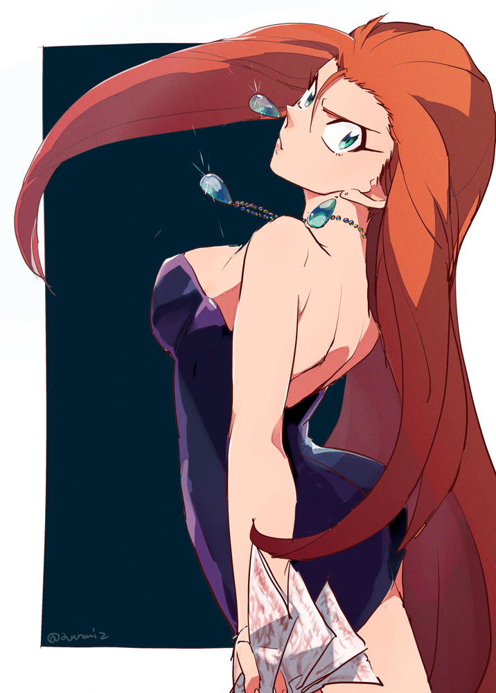 1girl ayu161 bare_shoulders blue_eyes breasts dress earrings forehead ghost_sweeper_mikami holding jewelry large_breasts lips long_hair looking_at_viewer mikami_reiko necklace orange_hair purple_dress solo talisman very_long_hair