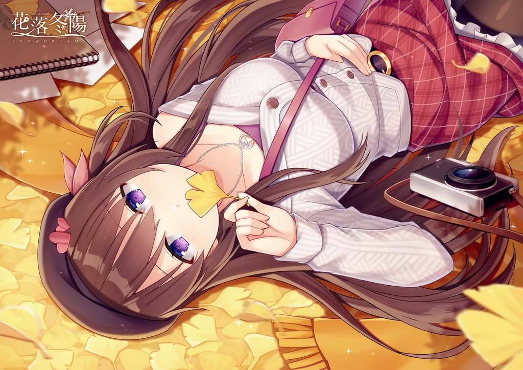1girl bag bangs belt belt_buckle black_belt breasts brown_hair brown_legwear buckle camera character_request commentary_request copyright_name eyebrows_visible_through_hair frilled_skirt frills fringe_trim ginkgo ginkgo_leaf grey_jacket hair_between_eyes hand_up hitsuki_rei holding holding_leaf jacket jewelry leaf long_hair long_sleeves looking_at_viewer medium_breasts orange_scarf pantyhose pendant plaid plaid_skirt red_skirt scarf shoulder_bag skirt sleeves_past_wrists snowdreams_-lost_in_winter- solo very_long_hair violet_eyes