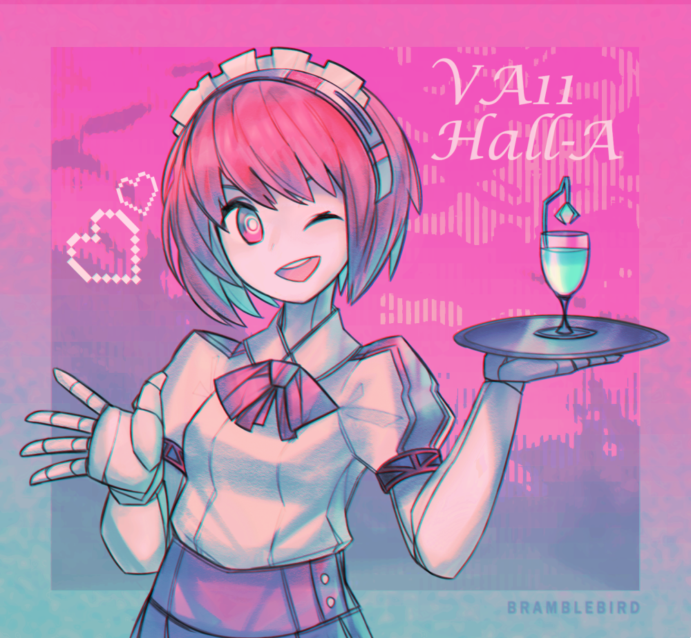 1girl ;d android artist_name bow bowtie commentary copyright_name dorothy_haze hairband kky one_eye_closed open_mouth pink_background pixel_heart purple_background red_eyes redhead short_hair smile solo tray two-tone_background upper_body va-11_hall-a