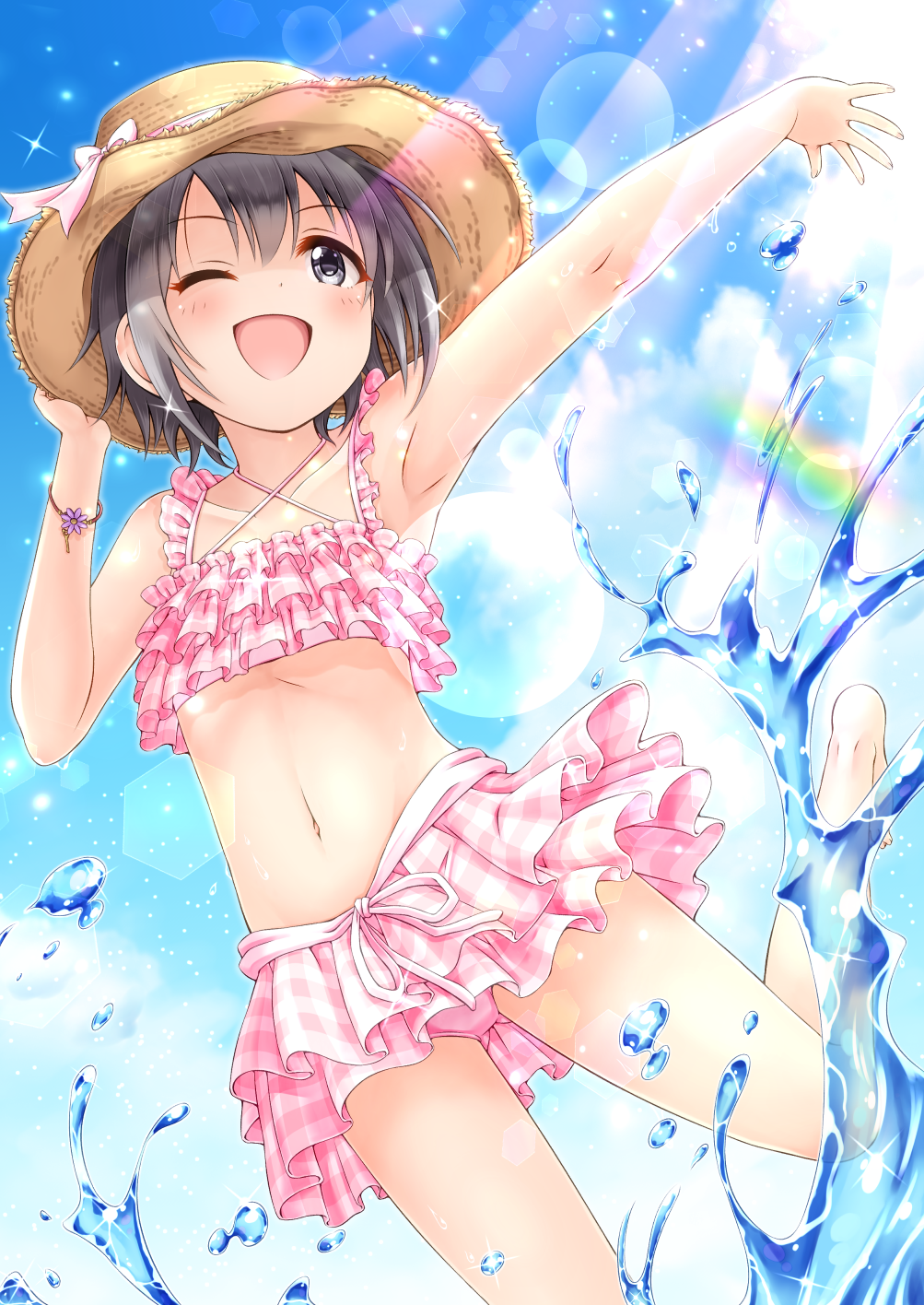 1girl ;d bangs bare_arms bare_legs bare_shoulders barefoot bikini bikini_skirt black_hair blue_sky blush brown_headwear clouds collarbone commentary_request day eyebrows_visible_through_hair grey_eyes hair_between_eyes hat highres idolmaster idolmaster_cinderella_girls looking_away navel one_eye_closed open_mouth otokura_yuuki outdoors outstretched_arm pink_bikini plaid plaid_bikini rainbow regular_mow sky smile solo splashing standing standing_on_one_leg sun_hat swimsuit water