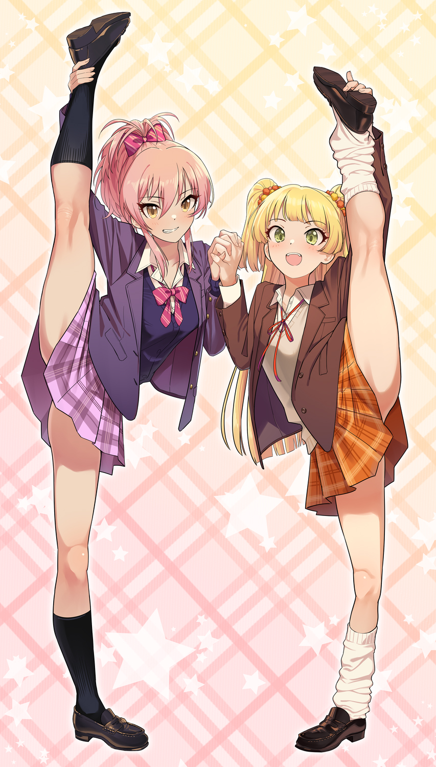 2girls :d arm_up bangs black_legwear blazer blonde_hair blush bow bowtie breasts brown_footwear brown_jacket cardigan eyebrows_visible_through_hair fang flexible green_eyes grin hair_bow hair_ornament highres holding_hands idolmaster idolmaster_cinderella_girls interlocked_fingers jacket jii_(user_ihp6405) jougasaki_mika jougasaki_rika kneepits leg_lift leg_up leg_warmers loafers long_hair long_sleeves looking_at_viewer multiple_girls neck_ribbon open_mouth orange_skirt pink_bow pink_hair plaid plaid_skirt ponytail purple_cardigan purple_jacket purple_skirt red_ribbon ribbon school_uniform shirt shoes siblings sisters skirt smile split standing standing_on_one_leg standing_split striped striped_bow teeth two_side_up uniform white_legwear white_shirt yellow_eyes