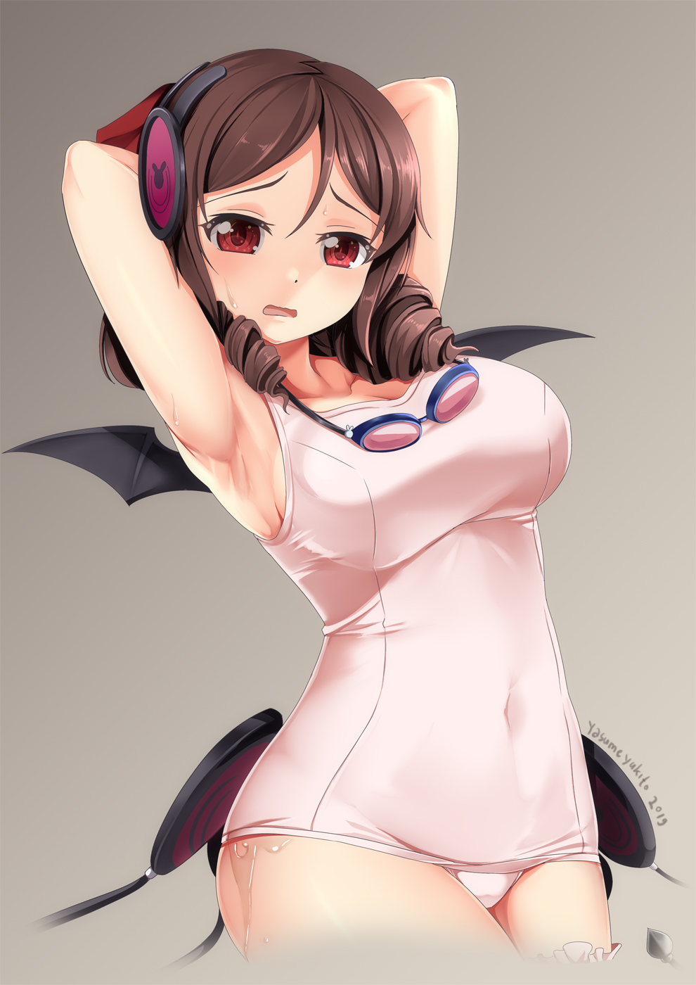 1girl alternate_color_school_swimsuit armpits arms_up bangs bat_wings blush bow breasts brown_hair commentary_request cosplay covered_navel drill_hair goggles goggles_around_neck hair_bow harukaze_(kantai_collection) headphones highres kantai_collection large_breasts looking_at_viewer mahou_shoujo_ikusei_keikaku open_mouth pink_swimsuit red_bow red_eyes school_swimsuit short_hair solo swim_swim swim_swim_(cosplay) swimsuit twin_drills wings yasume_yukito