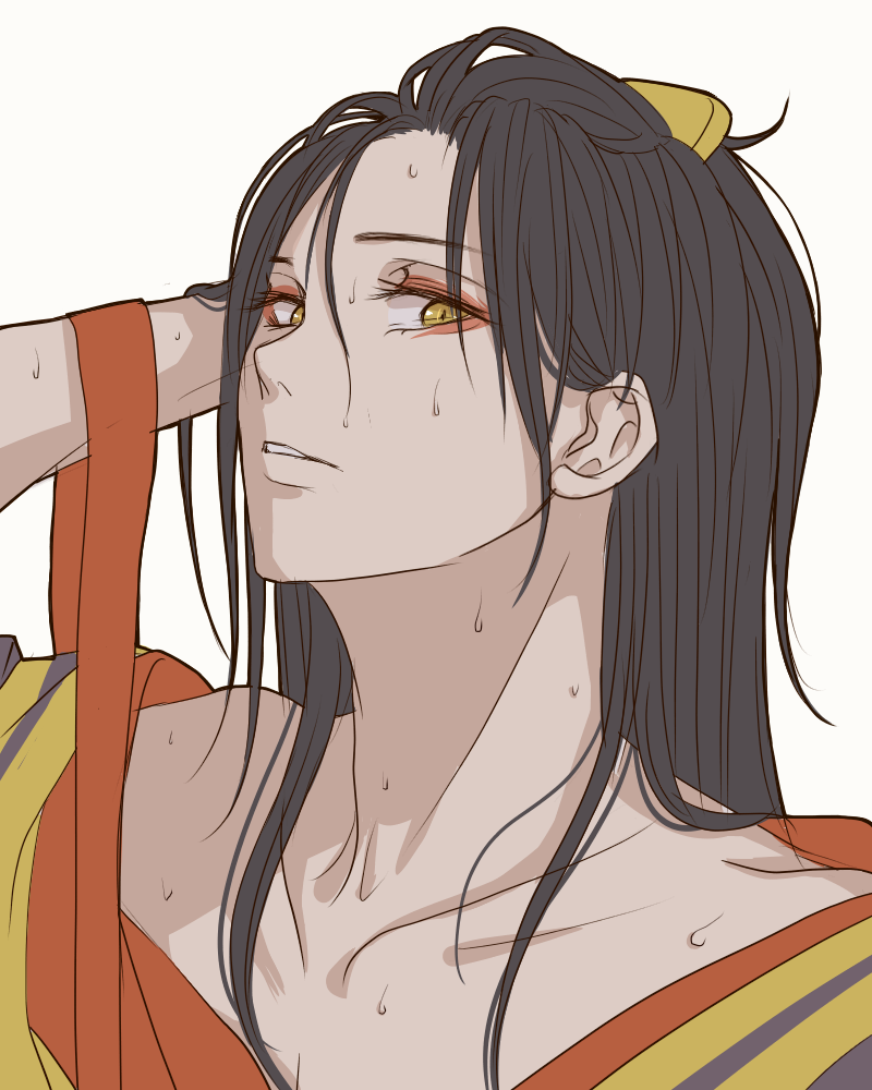 1boy black_hair collarbone commentary_request hand_in_hair jirou_tachi long_hair looking_at_viewer makeup open_mouth simple_background solo sweat sweatdrop touken_ranbu white_background yellow_eyes yukko7474