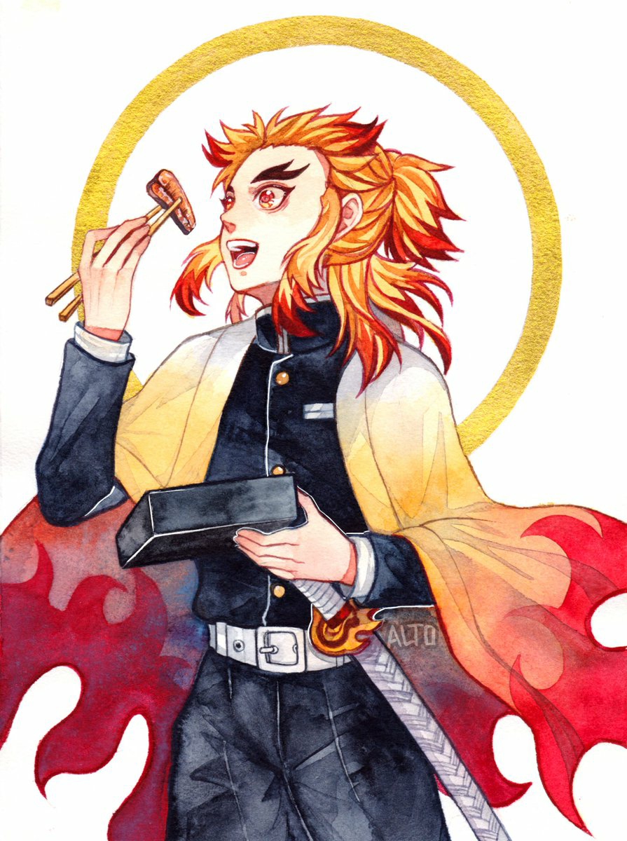 1boy :d acolyptic artist_name black_jacket black_pants blonde_hair chopsticks eating haori highres holding holding_chopsticks jacket japanese_clothes kimetsu_no_yaiba male_focus military military_jacket military_uniform multicolored_hair open_mouth orange_eyes pants redhead rengoku_kyoujurou sheath sheathed smile solo sword two-tone_hair uniform weapon white_background