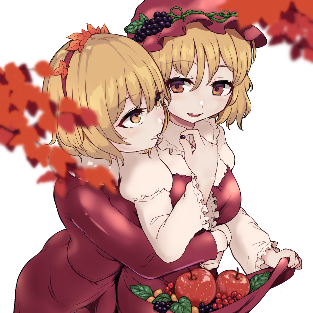 2girls :d aki_minoriko aki_shizuha apple autumn_leaves bangs berries blonde_hair blush breasts brown_eyes commentary_request dress eyebrows_visible_through_hair food food_themed_hair_ornament frilled_shirt_collar frills fruit grape_hair_ornament hair_between_eyes hair_ornament hairband hand_up hat holding holding_food holding_fruit hug hug_from_behind juliet_sleeves leaf leaf_hair_ornament long_sleeves looking_at_another marsen medium_breasts mob_cap multiple_girls open_mouth parted_lips puffy_sleeves red_dress red_hairband red_headwear shirt short_hair siblings simple_background sisters skirt_basket smile strapless strapless_dress touhou upper_body white_background white_shirt yellow_eyes