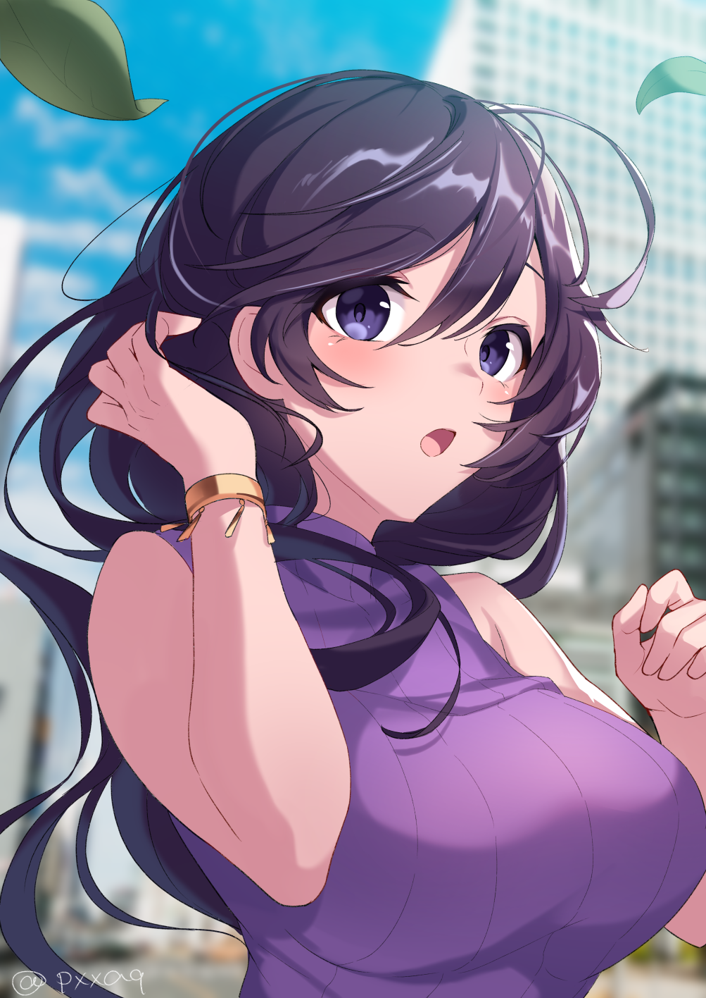 1girl bangle bangs bare_arms bare_shoulders black_hair blue_sky blurry blurry_background blush bracelet breasts building clouds commentary_request curcumin day depth_of_field eyebrows_visible_through_hair girls_und_panzer hair_between_eyes hands_up highres isuzu_hana jewelry large_breasts leaf leaves_in_wind long_hair looking_away open_mouth outdoors purple_sweater ribbed_sweater sky skyscraper sleeveless_sweater solo sweater twitter_username upper_body very_long_hair violet_eyes