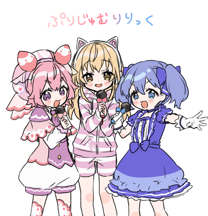 3girls :d animal_ears bangs blue_bow blue_dress blue_eyes blue_hair blush bow cat_ear_headphones cat_ears commentary_request dress eyebrows_visible_through_hair fake_animal_ears gloves hair_between_eyes hair_bow hat headphones holding holding_microphone hood hood_down hooded_jacket ienaga_mugi jacket long_sleeves looking_at_viewer microphone multiple_girls nijisanji open_mouth outstretched_arm pink_bow pink_capelet pink_headwear puffy_short_sleeves puffy_shorts puffy_sleeves red_bow short_shorts short_sleeves shorts simple_background sleeves_past_wrists smile striped striped_jacket striped_shorts translated twintails ushimi_ichigo v-shaped_eyebrows virtual_youtuber white_background white_gloves white_shorts yamabukiiro yuuki_chihiro