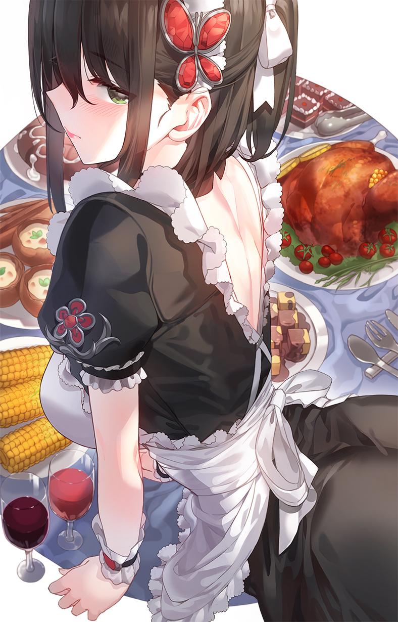 1girl apron bangs black_hair blunt_bangs blush breasts butterfly_hair_ornament eyebrows_visible_through_hair food fork frilled_apron frills from_behind green_eyes hair_ornament hairband highres kfr looking_at_viewer looking_back maid medium_breasts original puffy_short_sleeves puffy_sleeves short_hair short_sleeves solo spoon wrist_cuffs