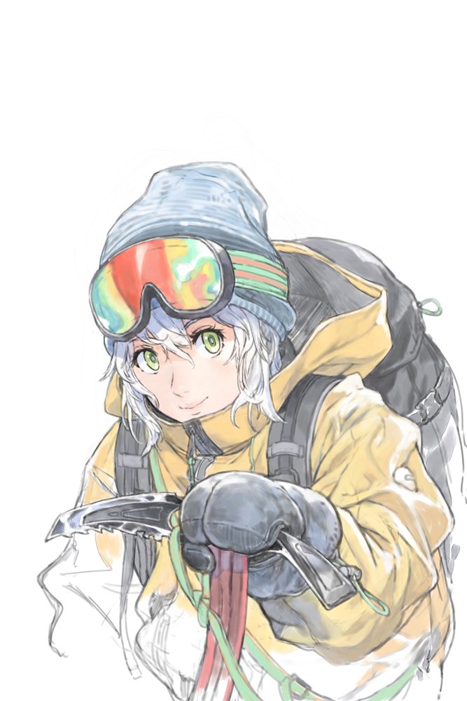1girl backpack bag beanie black_backpack commentary_request goggles goggles_on_head green_eyes hair_between_eyes hat hirooka_masaki holding holding_knife hood hood_down hooded_jacket jacket knife long_sleeves looking_at_viewer mittens original partially_colored simple_background smile solo upper_body white_background white_hair yellow_jacket zipper zipper_pull_tab