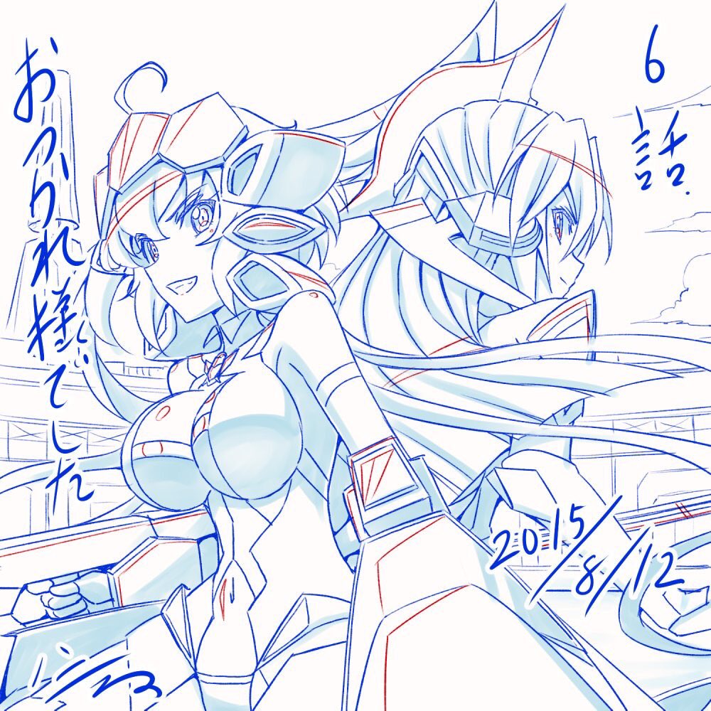2girls ahoge back-to-back breasts cleavage_cutout commentary_request dated grin h-new headgear kazanari_tsubasa large_breasts long_hair looking_back monochrome multiple_girls navel senki_zesshou_symphogear smile translation_request very_long_hair yukine_chris