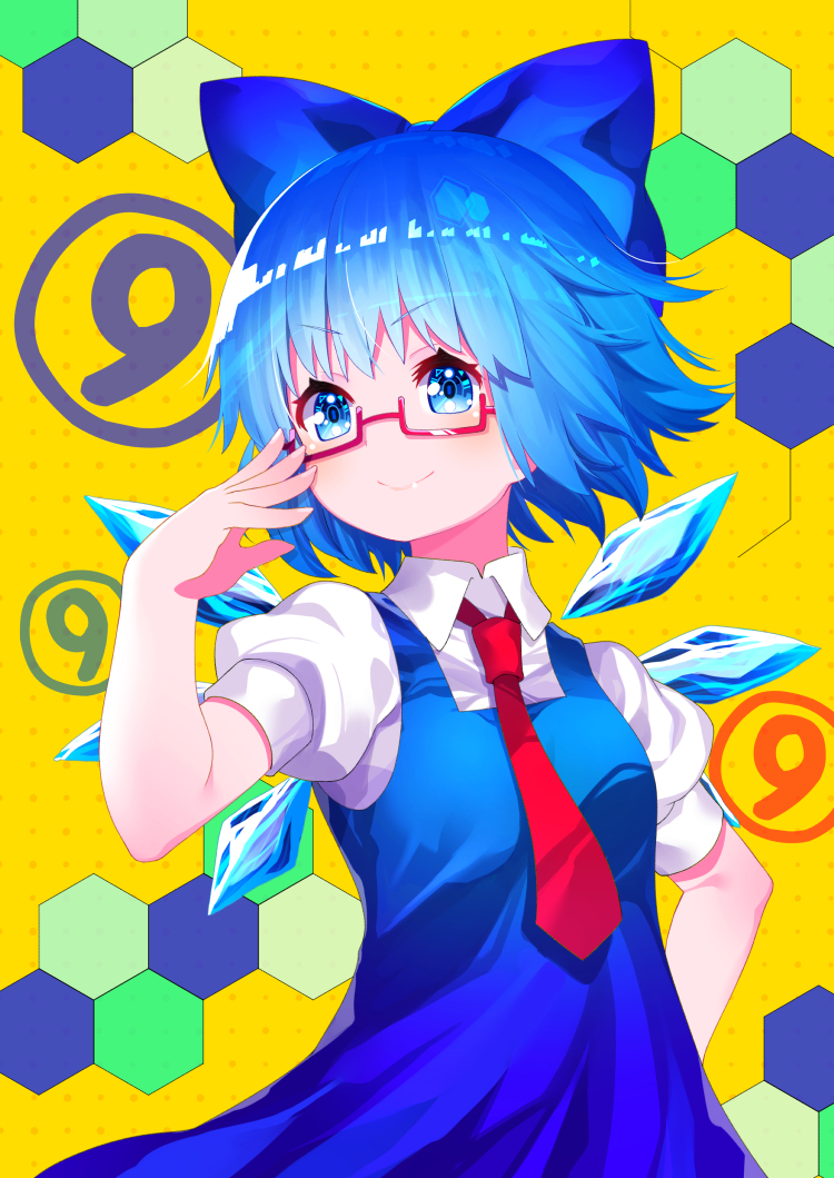 (9) 1girl adjusting_eyewear bespectacled blue_bow blue_dress blue_eyes blue_hair bow cirno commentary_request dress eyebrows_visible_through_hair fairy glasses hair_bow hand_up hexagon ice ice_wings necktie puffy_short_sleeves puffy_sleeves red_neckwear shirt short_hair short_sleeves smile solo touhou upper_body white_shirt wings yuujin_(mhhnp306)