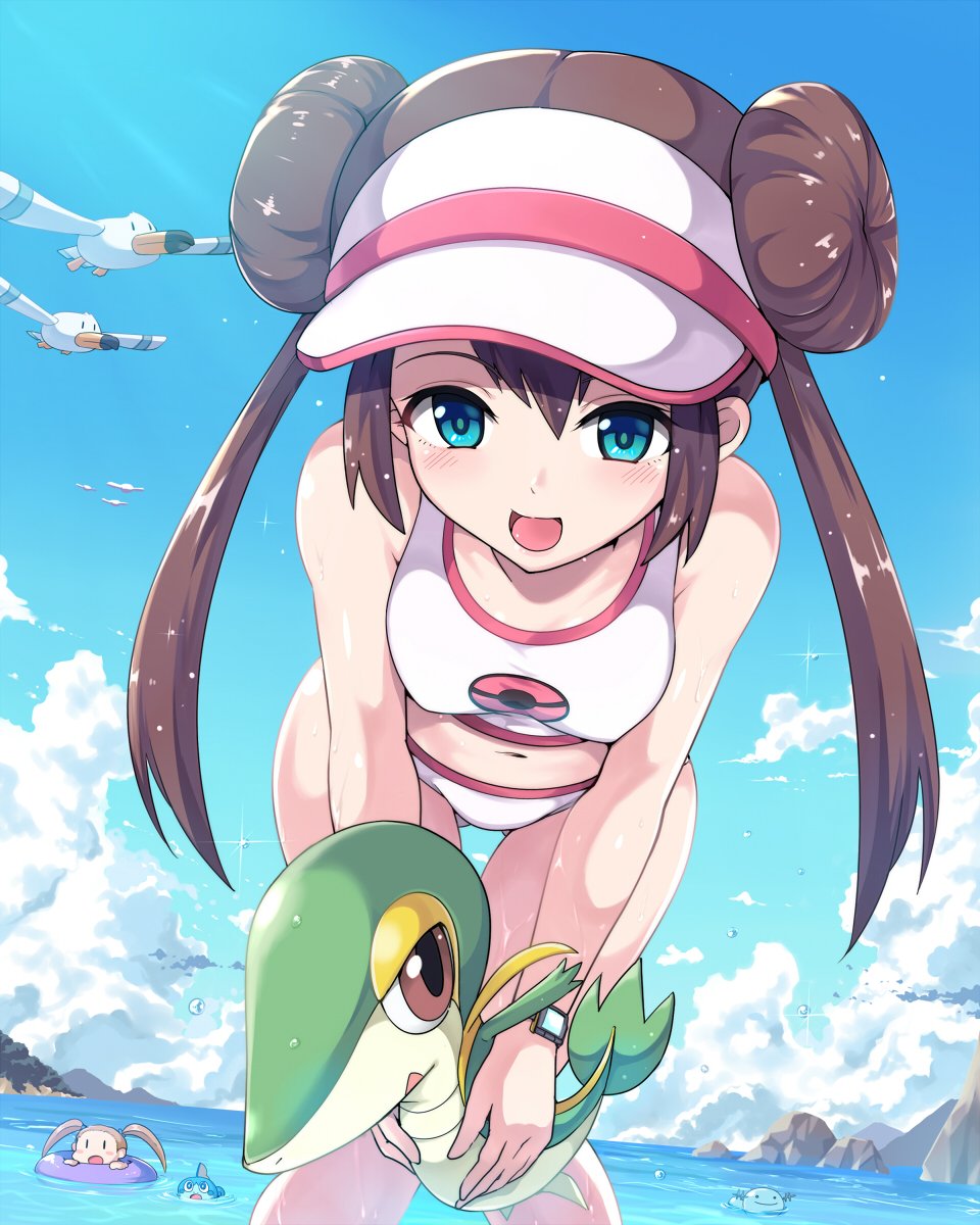 2girls :d animal ass_visible_through_thighs beach bikini blue_eyes blue_sky breasts character_request child commentary creatures_(company) cute day double_bun droplet dutch_angle game_freak gen_2_pokemon gen_3_pokemon gen_5_pokemon gen_8_pokemon girl highres holding holding_pokemon human innertube kasai_shin leaning_forward light_blush light_particles lizard medium_breasts mei_(pokemon) multiple_girls navel nintendo ocean olm_digital open_mouth outdoors poke_ball_symbol pokemon pokemon_(anime) pokemon_(creature) pokemon_(game) pokemon_bw2 pokemon_gsc pokemon_hgss pokemon_oras pokemon_rse pokemon_swsh print_bikini seagull shirt sky smile snake snivy sobble sparkle summer swimming swimsuit teenage thigh_gap tuber_(pokemon) tuber_(pokemon)_(female) twintails visor_cap watch water_fish wet wet_clothes wet_shirt white_bikini white_headwear wingull wooper